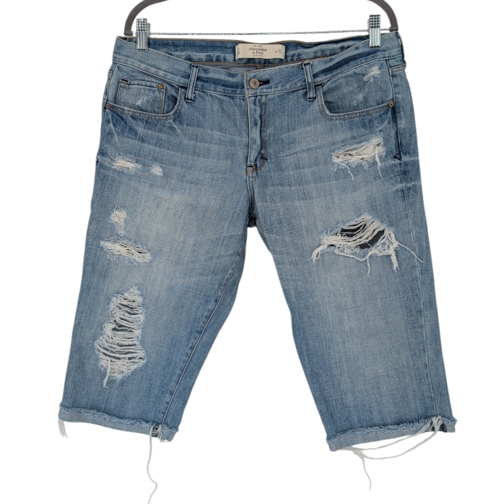 Abercrombie Fitch Destroyed Denim Bermuda Shorts | 31 / 12 Waist 34" | Mid-Rise